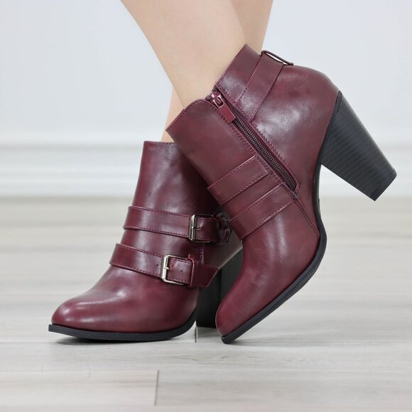 Ankle Boots Block Cone Heel Synthetic Leather Wine Almond Toe Buckles Zipper - Picture 3 of 12